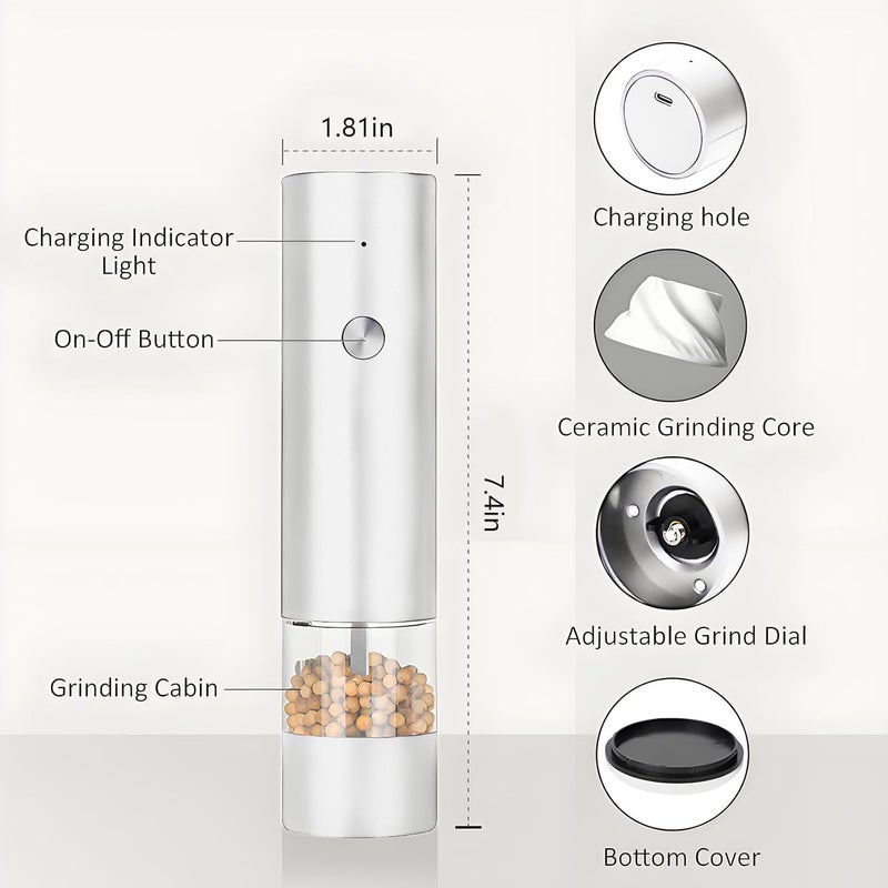 Yehenarn Electric Pepper Grinder,Electric Pepper Mill Grinder,Adjustable Coarseness,Efficient And Convenient,Easy To Clean,One Handed Operation,Type-C Rechargeable, A Reliable Assistant In The Kitchen(White) - Image 2